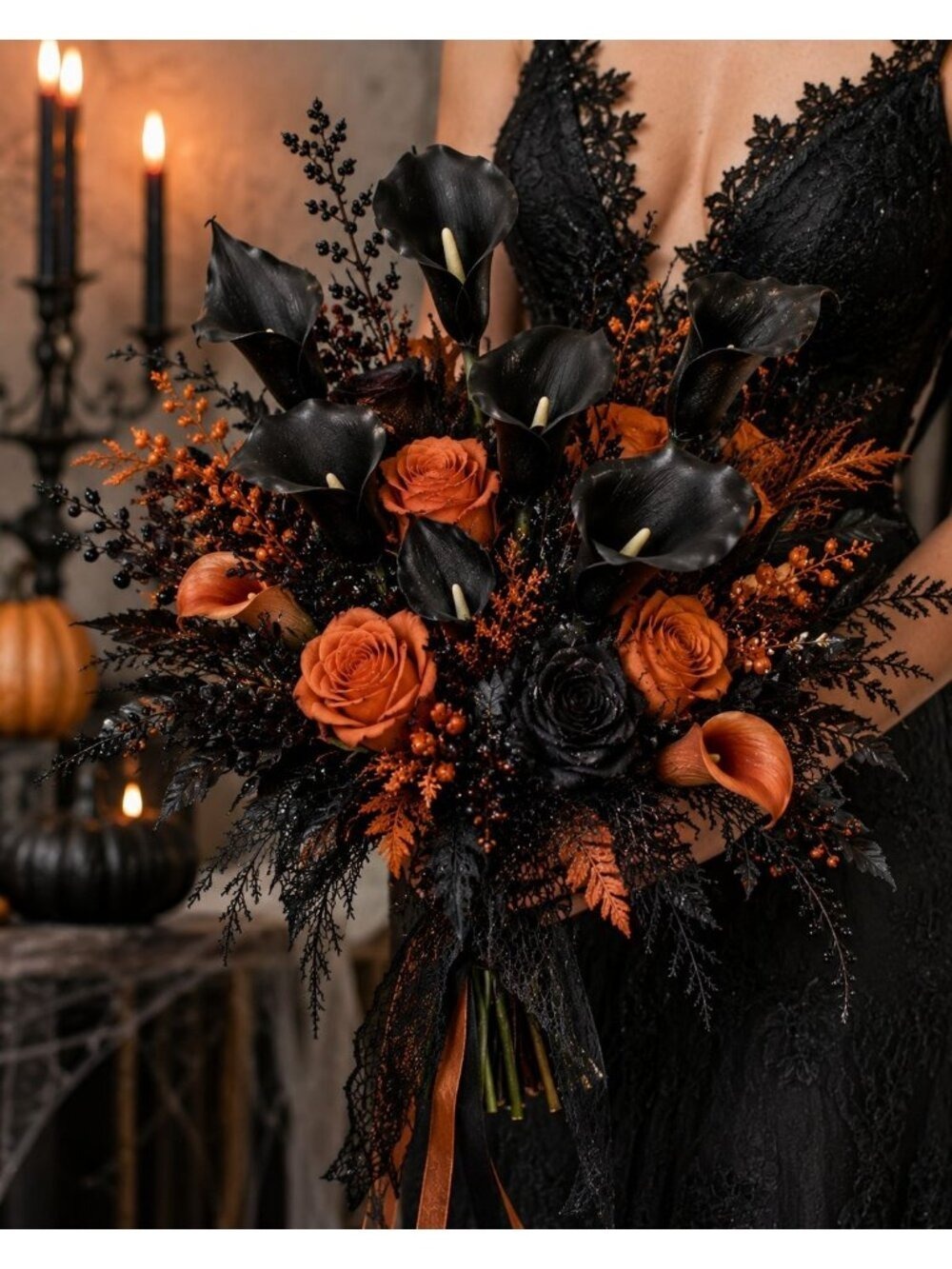 Black Calla Lily Artificial Flowers Set of 5 Stems Gothic Modern Decor - Picture 2 of 16